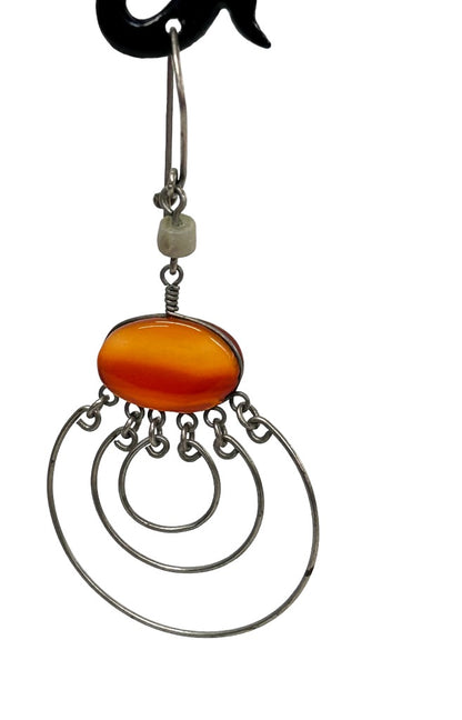 Silvertone Concentric Circle Earrings with Orange Stone Lightweight Wire Hook Pierced