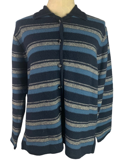 Large Pendleton Women's Blue Stripe Lambswool Cardigan Defect Collared Vintage 90s