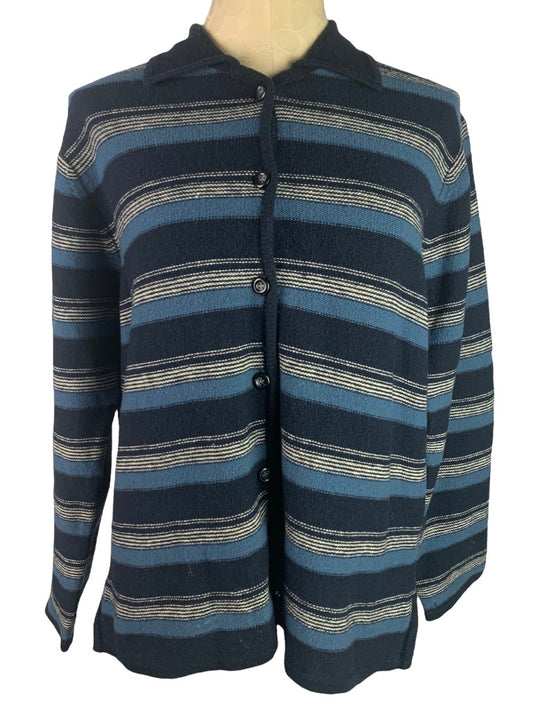 Large Pendleton Women's Blue Stripe Lambswool Cardigan Defect Collared Vintage 90s