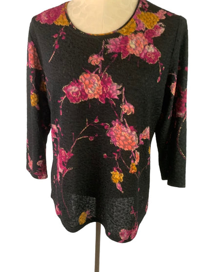 Medium Petite Alia Black Stretch Lace Floral 3/4 Sleeve Women's Top