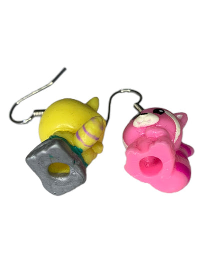 Animal Racoon Figural Earring Pink Yellow 1.5" Drop Dangle Hook Pierced