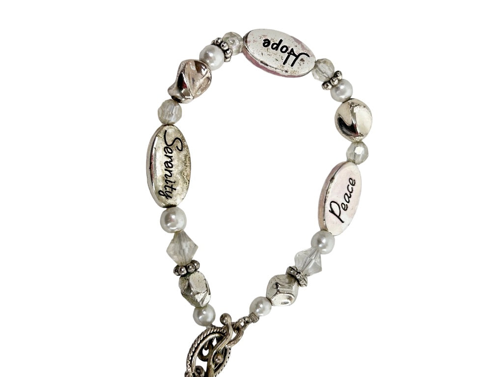 Silvertone Beaded Heart Charm Toggle Clasp 7.5" Bracelet Hope Serenity Peace