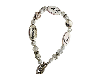 Silvertone Beaded Heart Charm Toggle Clasp 7.5" Bracelet Hope Serenity Peace