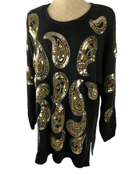 18/20 Venezia Vitale Vintage Women's Sweater Black Paisley Beaded Sequin Gold Silver