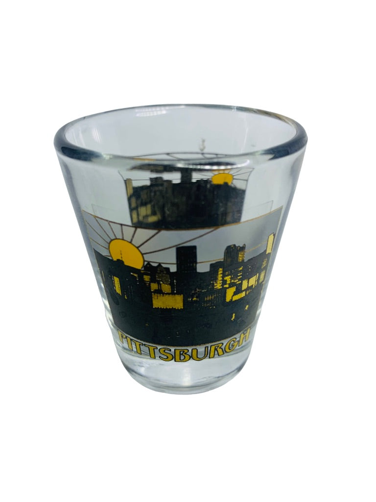 Pittsburgh Skyline Shot Glass Clear Black Gold Barware