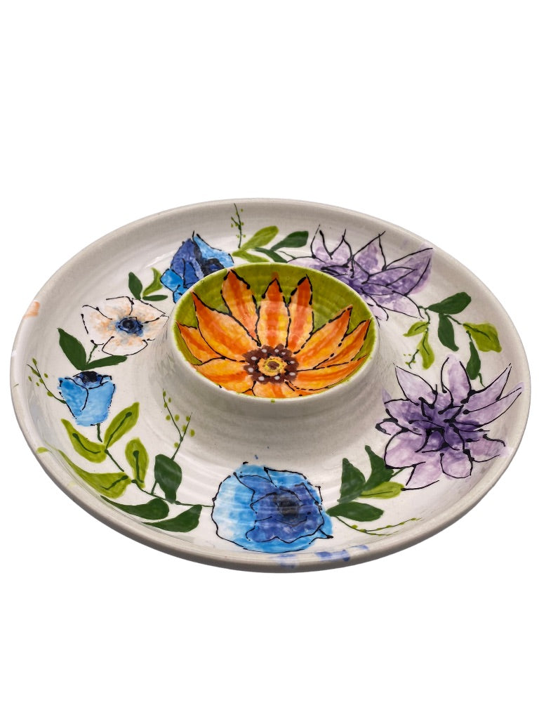 Vintage Handpainted Chip and Dip Serving Dish Bright Floral 12" Diameter