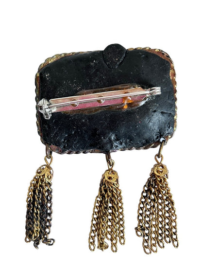 Antiqued Goldtone Rectangle Brooch Leaf and Flower Tassels 2"w x 2.75"l
