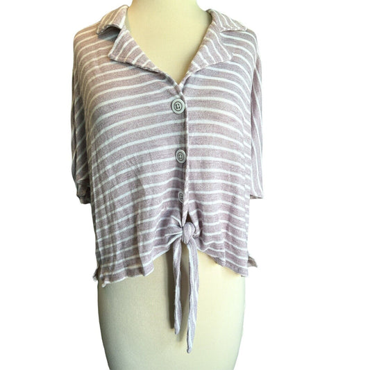 Large Honeydew Mauve Striped Tie Front Button Down Blouse