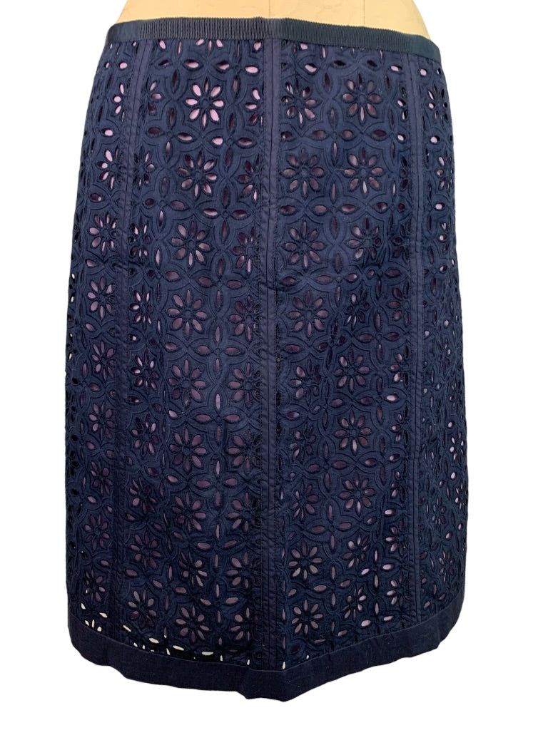 6 Robert Graham Navy Blue Eyelet "Caterina" Pencil Skirt Lavender Lined