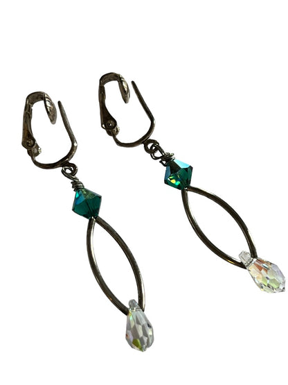 Silvertone Drop Earrings Green Clear Beaded Earrings