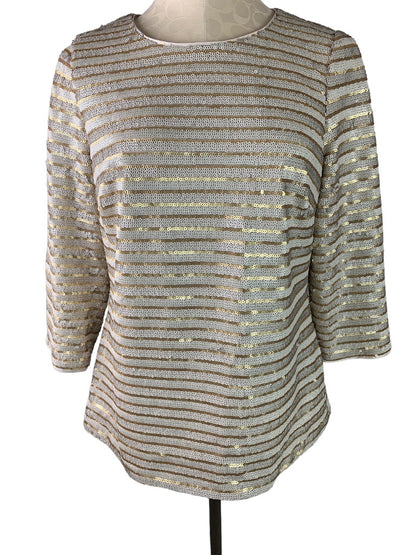 8 Boden Women's Silver Gold Sequin Stripe Blouse Lined 3/4 Sleeve