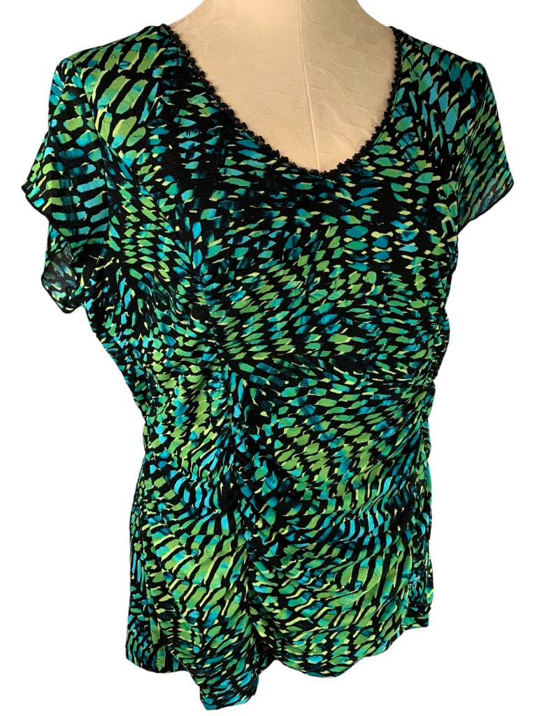 XL Style & Co Women's Green Print V-Neck Pullover Stretch Blouse Sequin Neckline