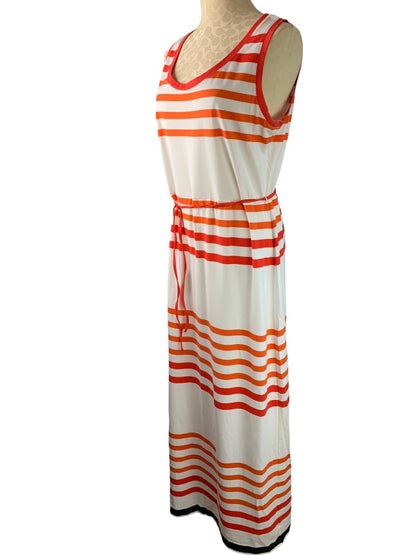 Large Talbots Orange White Soft Knit Striped Sleeveless Maxidress Belted