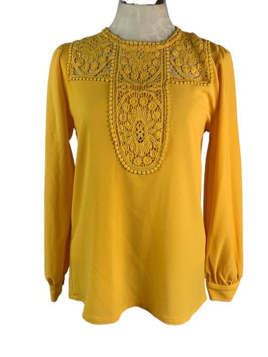 XS Halogen Gold Yellow Lace Detail Women's Blouse Long Sleeve Pullover