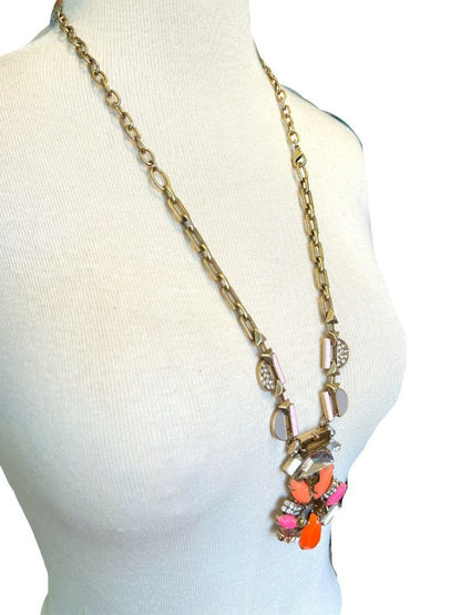 Stella & Dot Chunky Statement Necklace Gold Coral Pink Bright Crystal Shiny