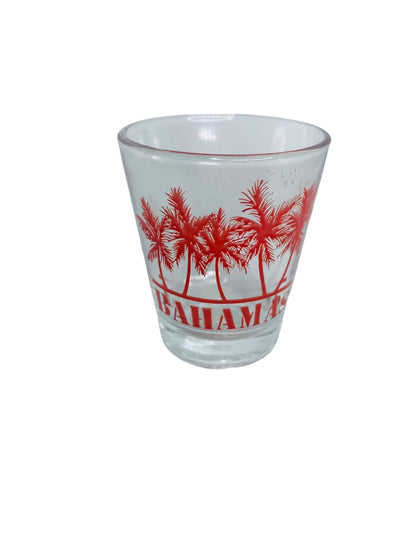 Bahamas Souvenir Shot Glass Clear Red Palm Trees 1.5 oz Barware