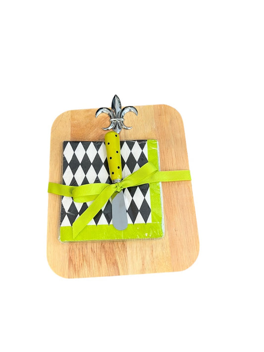 Fleur De Lis Cheese Board & Cheese Spreader Napkin Bamboo Gift Set NEW