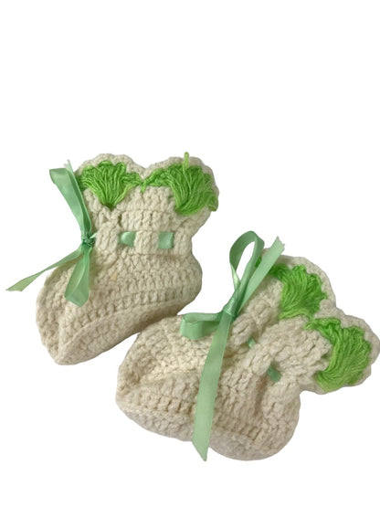 Vintage Crocheted Baby Booties White Green Trim Ribbon