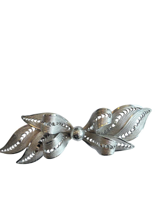 Vintage Signed Kramer Brooch Pin Silvertone Bow Filigree Ornate 3"