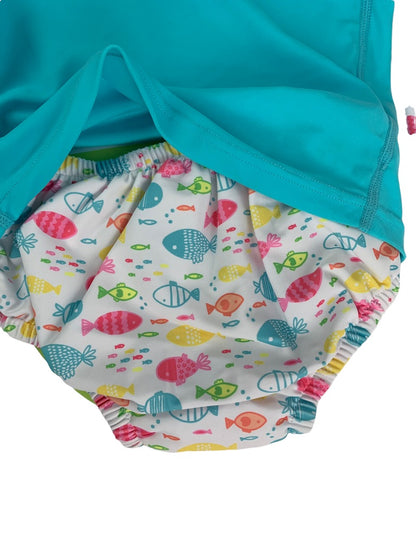 18 Months i play. Girls Two Piece Swimsuit Built-In Diaper Blue Fish Long Sleeve