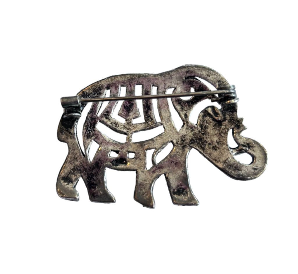 Vintage Lucky Elephant Silver Brooch 2" Trunk Up Stylized Texture
