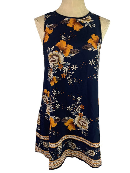 6 Shein Navy Blue Floral Pattern Sleeveless Shift Dress Short