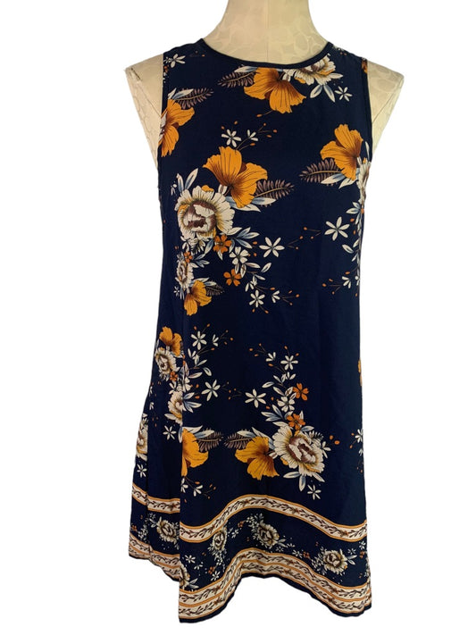 6 Shein Navy Blue Floral Pattern Sleeveless Shift Dress Short