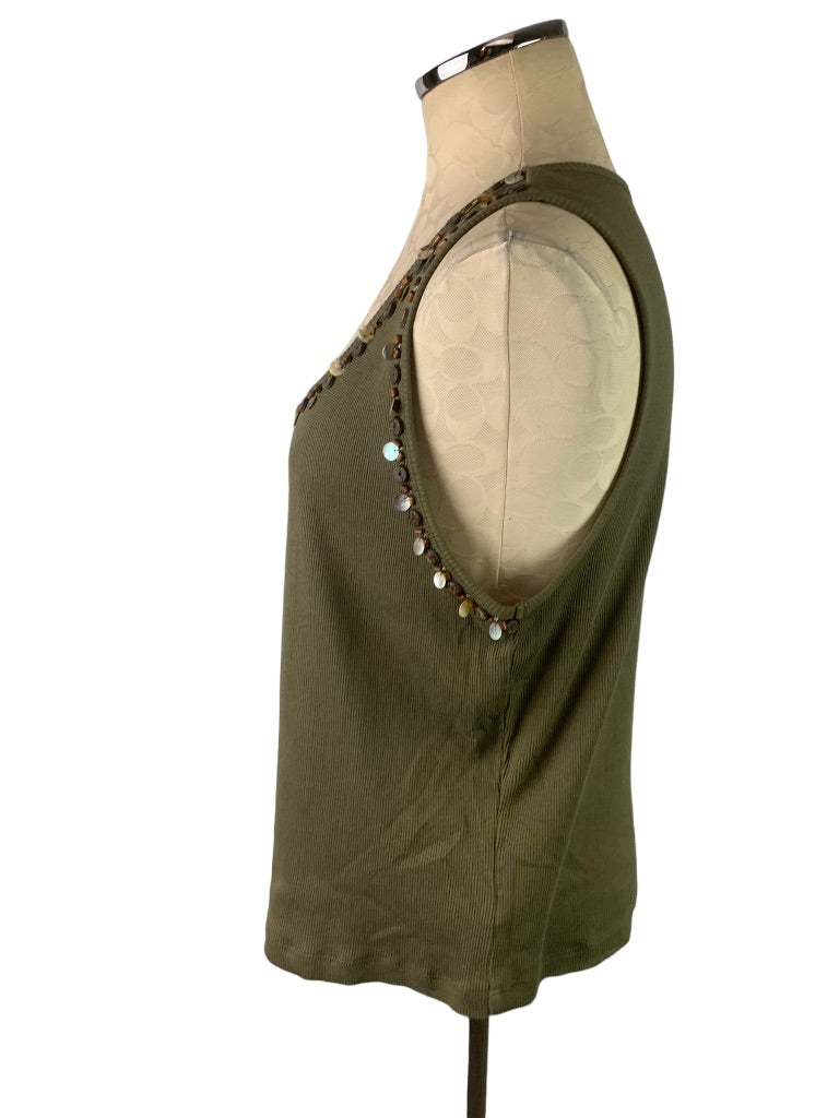 Medium Petite Charter Club Women's Olive Green Ribbed Tank Shell and Bead Embellished