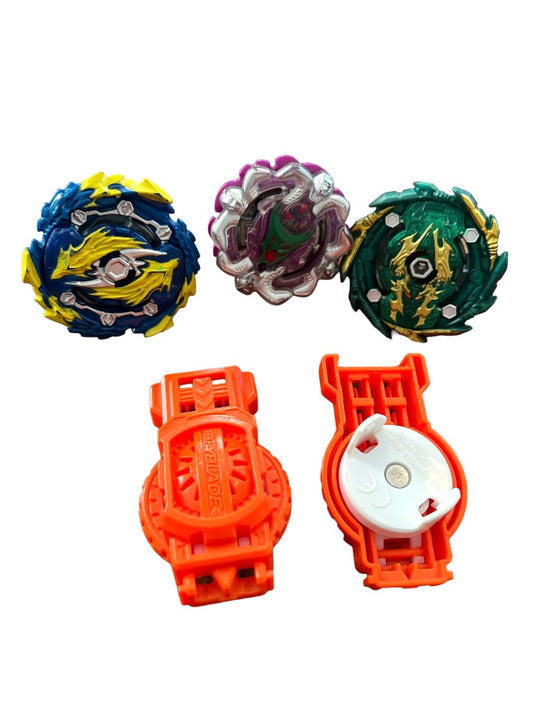 Three Beyblade Tops with 2 Plastic Launchers Hyper Sphere Infinty, Shock Typhon T4 and Bushan Ashura Hurricane