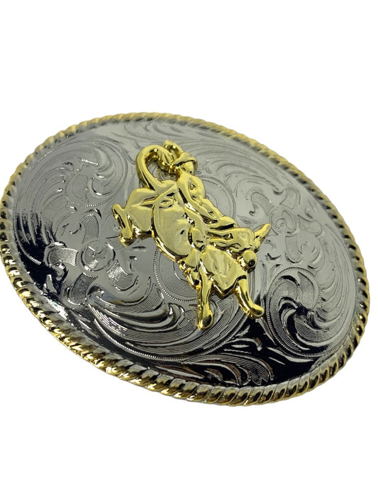 Silvertone and Goldtone 2" x 3" Belt Buckle Bull Rider