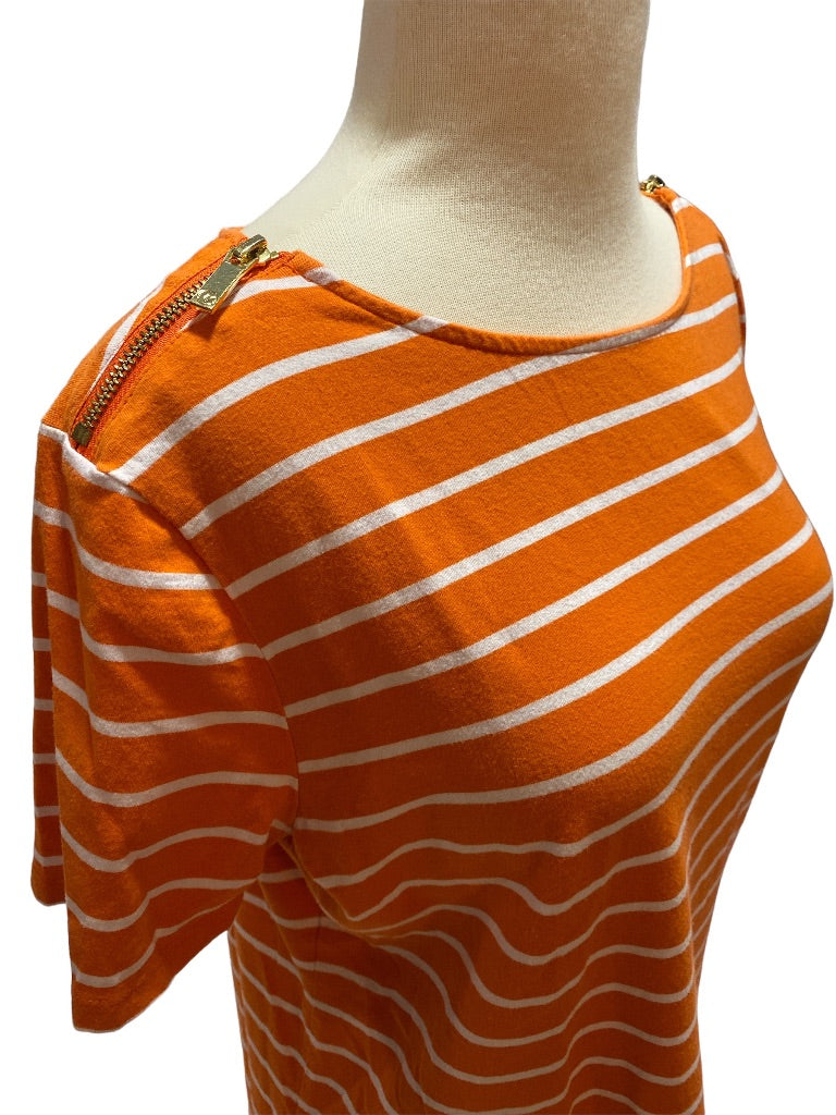 Large Michael Kors Orange and White Striped Short Sleeve Shirt Zip Shoulder