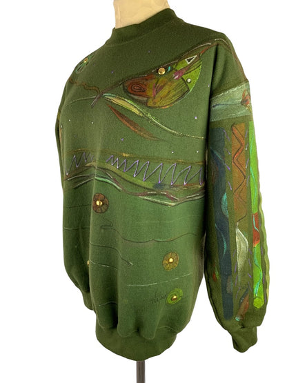 Medium Franklin Olive Green Sweatshirt Painted Signed "Watson" Embellished