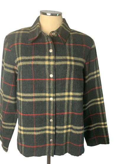 Large Lemon Grass Women's Gray Snap Up Wool Blend Plaid Jacket Shirt Y2K