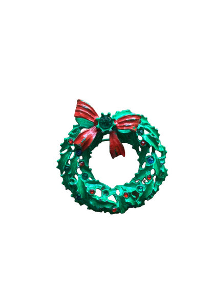 Vintage Holiday Wreath Brooch Green Red Blue Stones Pin 2" Diameter