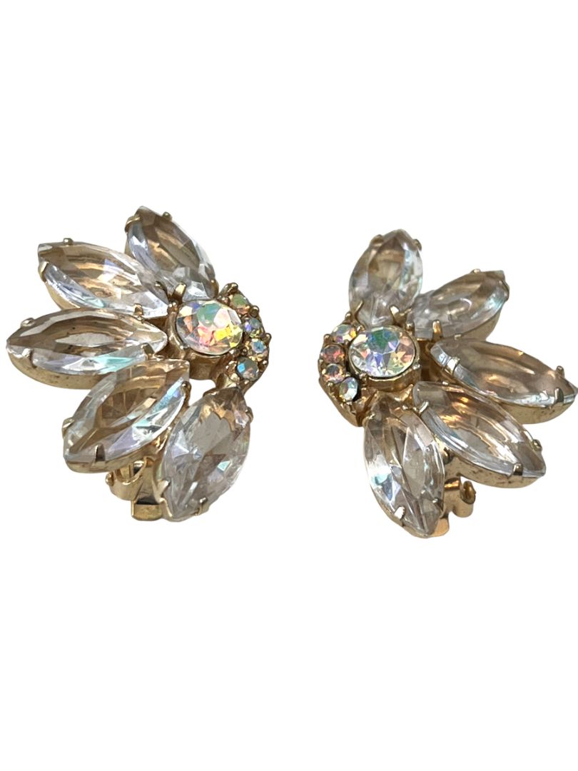 Vintage Rhinestone Glass Clip On Earrings Evening Formal Elegant Goldtone