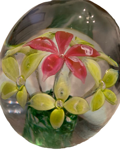 Egg Shaped Glass Paperweight Yellow Red Flowers in Grass 3.4"h x 3"d