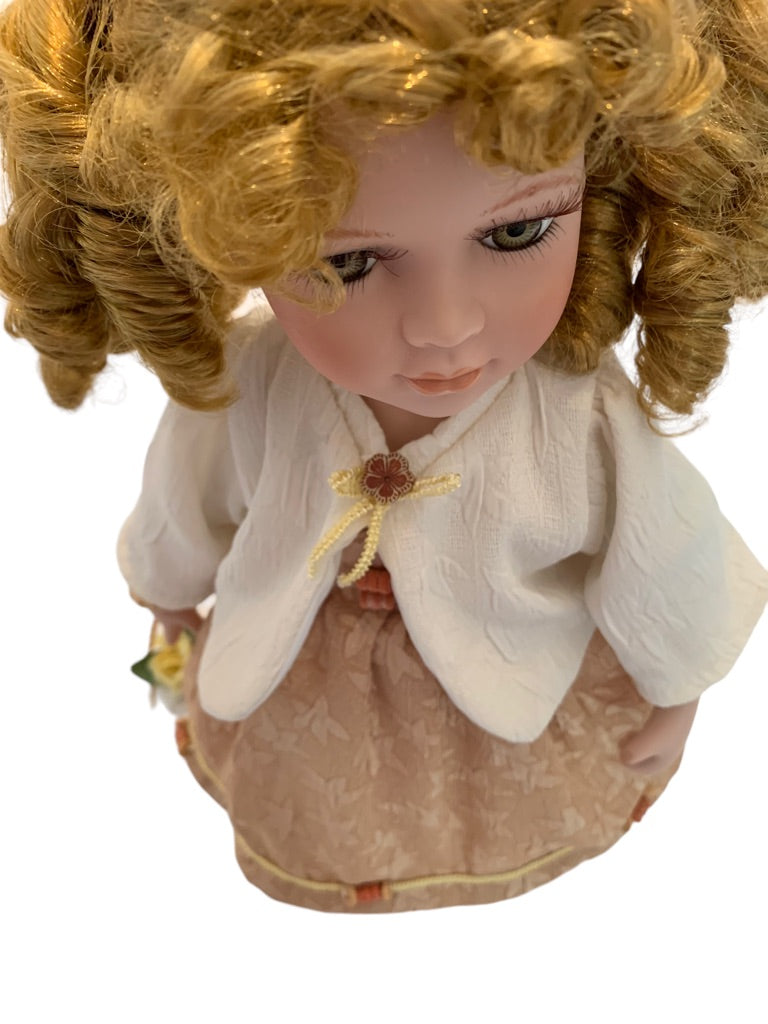 Vintage Porcelain Doll Victorian Girl Dress Style 16.5" h with Stand Strawberry Blonde Curls