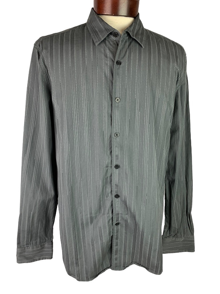 Large Kenneth Cole Men's Button Up Dark Gray Contrast Stitch Stripe Dress Shirt