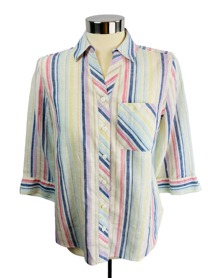 0/2 Petite Chico's Women's Striped Linen Button Up 3/4 Sleeve Shirt Blouse No-Iron