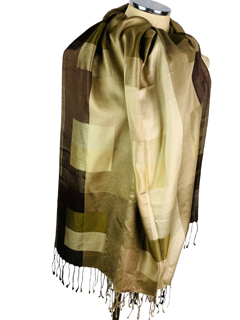 Brown Square Print Light Sheen Shawl Scarf Fringed 29" x 82"