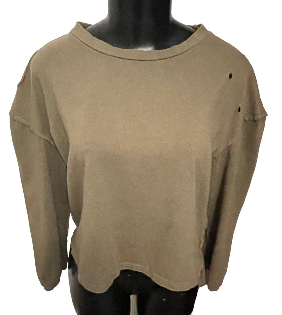 Medium Glam Los Angeles Long Sleeve Distressed Womens Top Olive Green High Low Hem