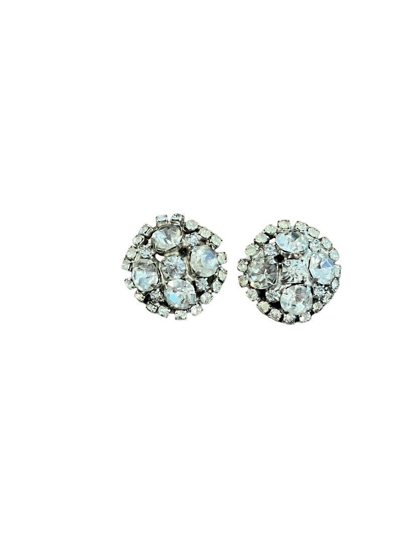 Vintage Formal Rhinestone Round Clip On Earrings Evening Bling