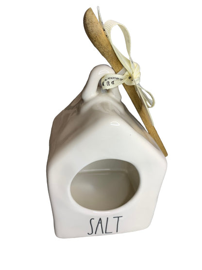 Rae Dunn Ceramic Salt Pig and Wooden Spoon "SALT" Birdhouse Shape