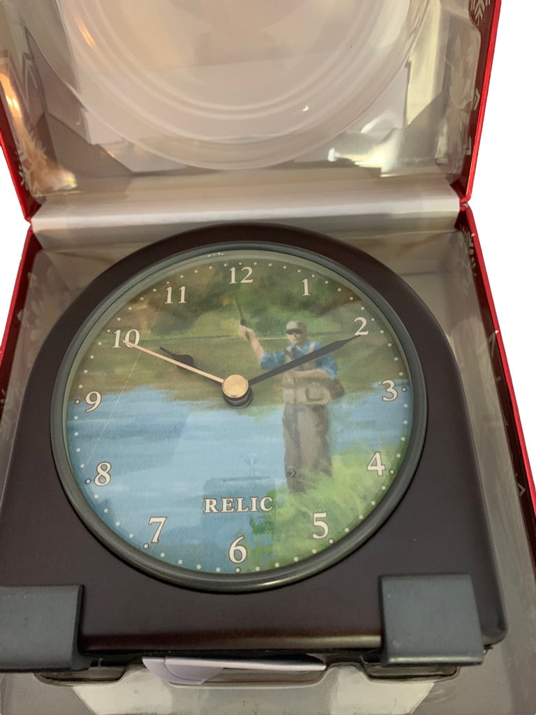 Relic Solid Wood Desk Clock New Fly Fishing Theme 5"h x 4.5"w New