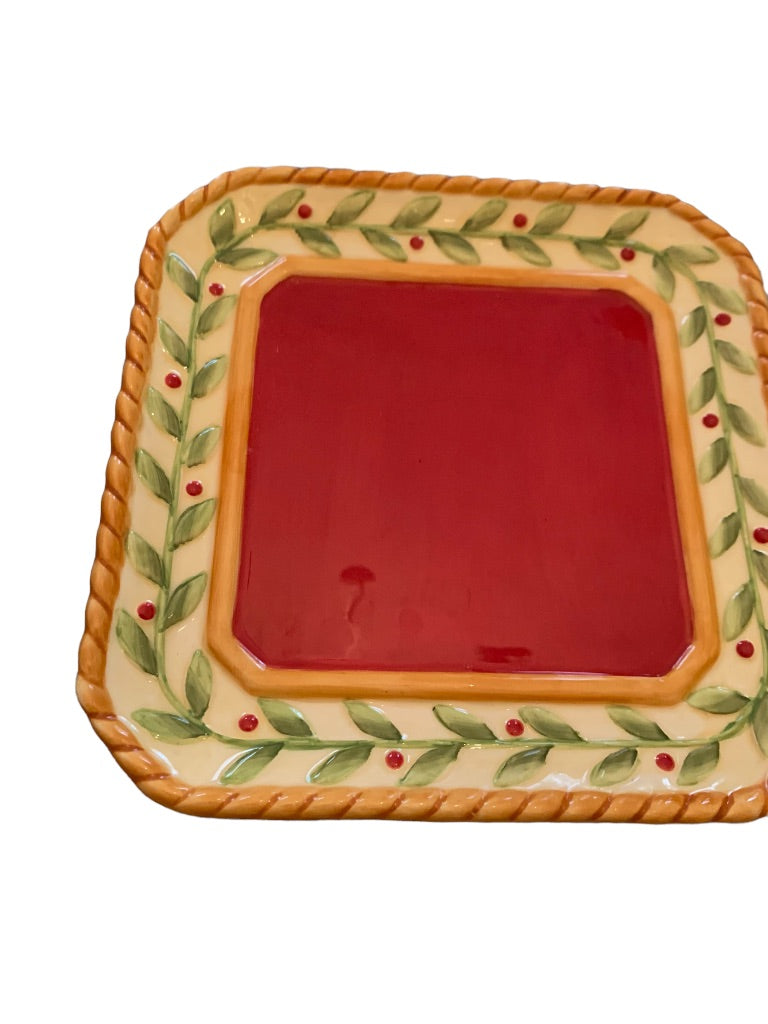 Fitz and Floyd Vintage Santa Canape Plate Red Holly Border 5 3/4" Square