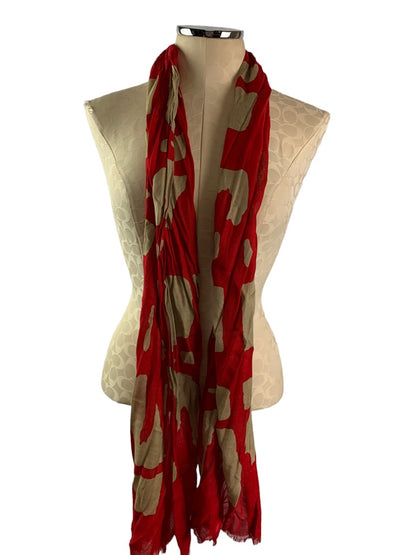 Lightweight Scarf Raw Edge Red Tan Print 18" x 74"