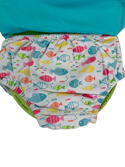 18 Months i play. Girls Two Piece Swimsuit Built-In Diaper Blue Fish Long Sleeve