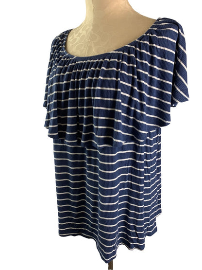 18/20 Avenue Jersey Knit Off Shoulder Blue White Stripe Short Sleeve Top Women's