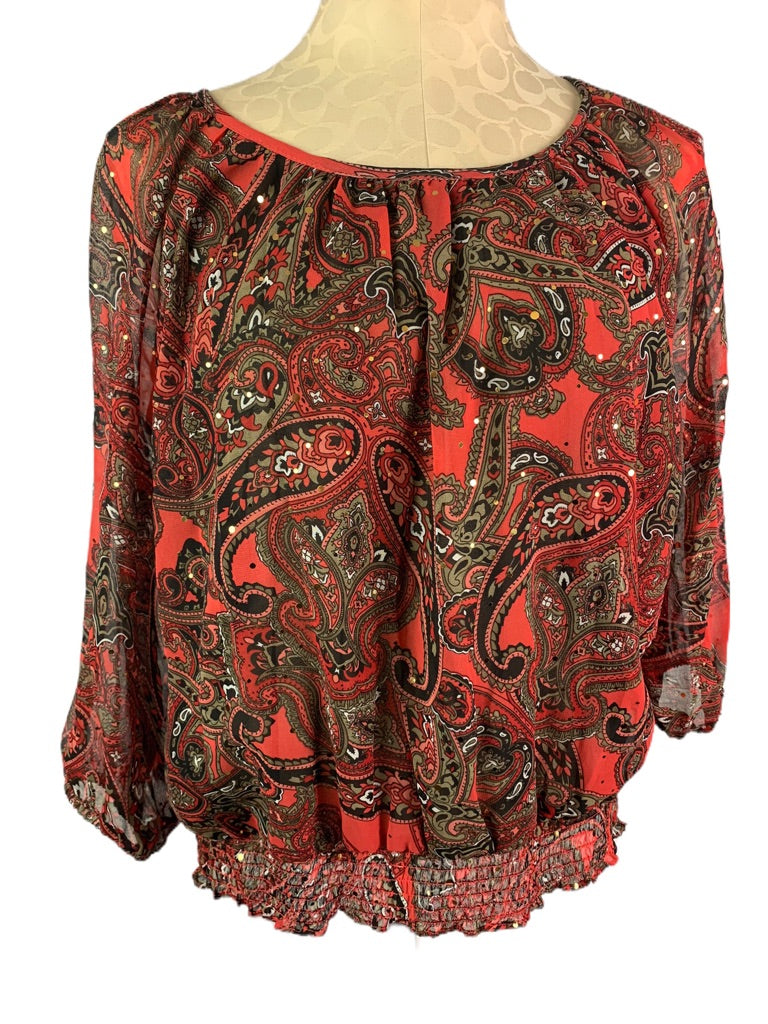 Medium Petite C.D. Petites Women's Sheer Banded Blouse Red Paisley Embellished