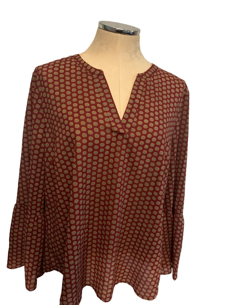 XL J.Crew Burgundy Print Pullover Bell Sleeve Blouse Style H1074